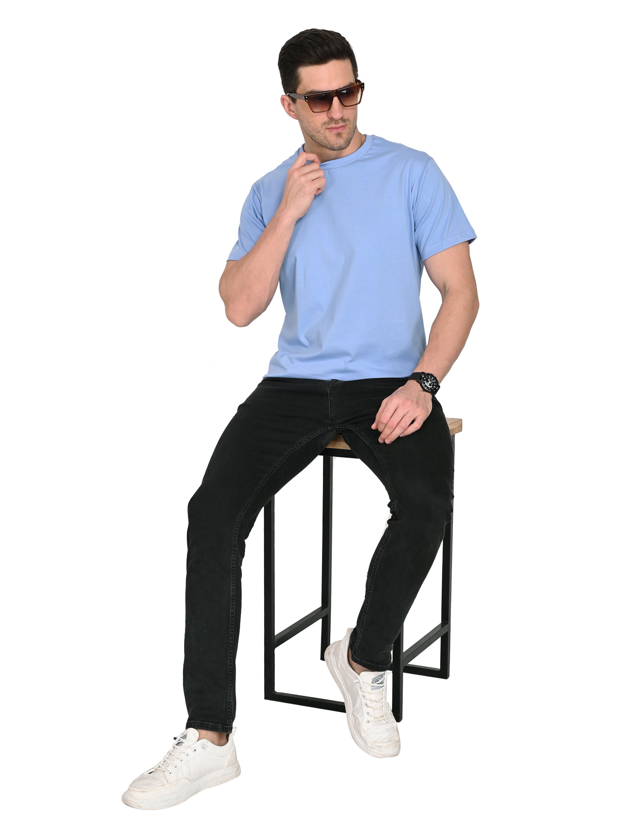 Sky Blue Round Neck T-Shirt – Slim Fit