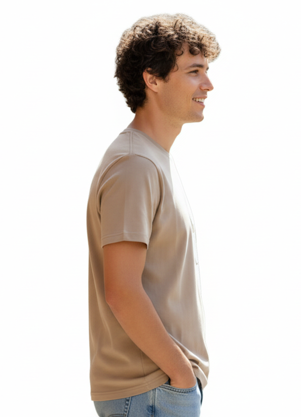 Beige Printed Round Neck T-Shirt – Slim Fit