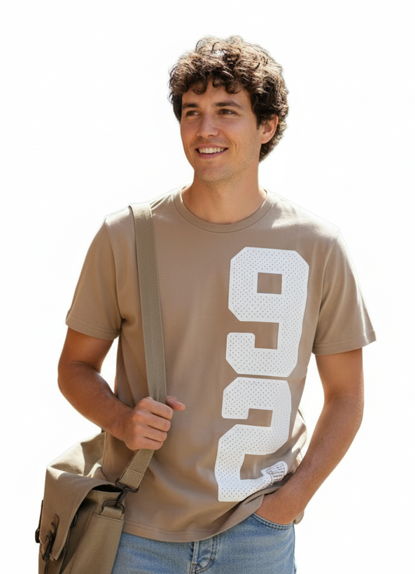 Beige Printed Round Neck T-Shirt – Slim Fit