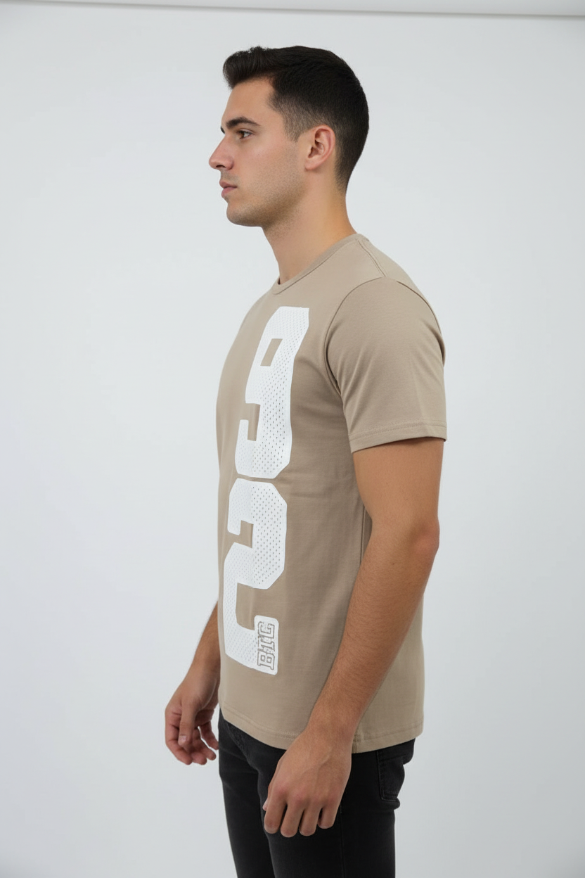 Beige Printed Round Neck T-Shirt – Slim Fit