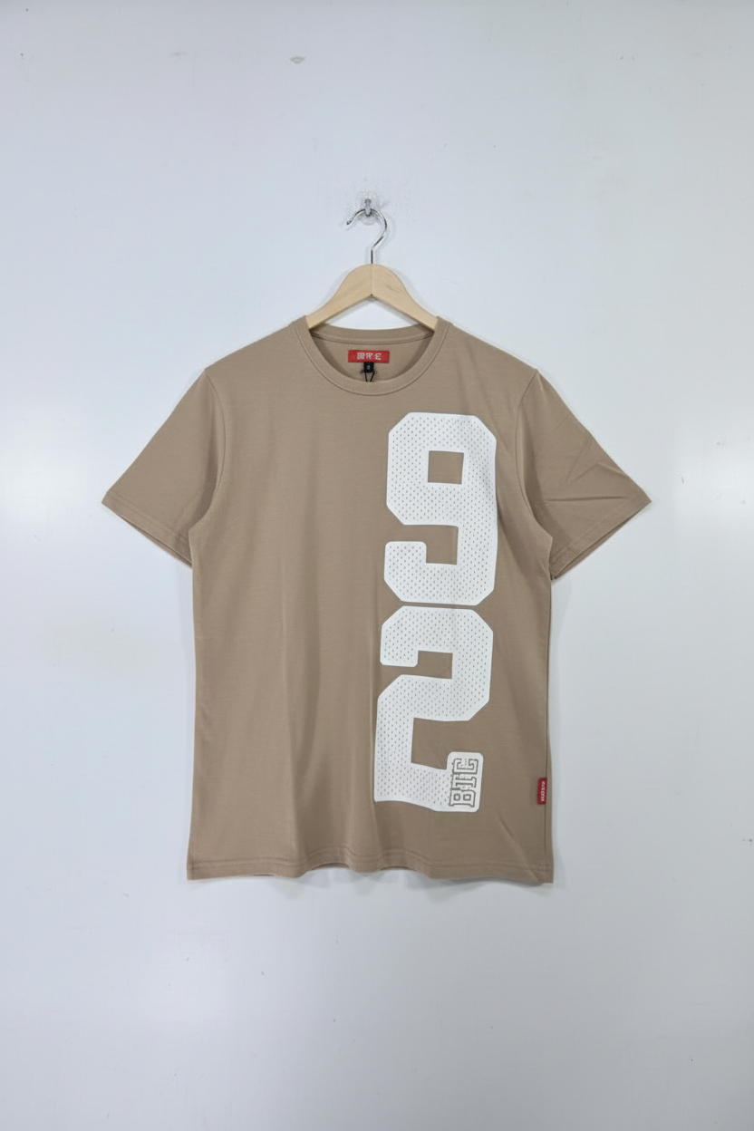 Beige Printed Round Neck T-Shirt – Slim Fit