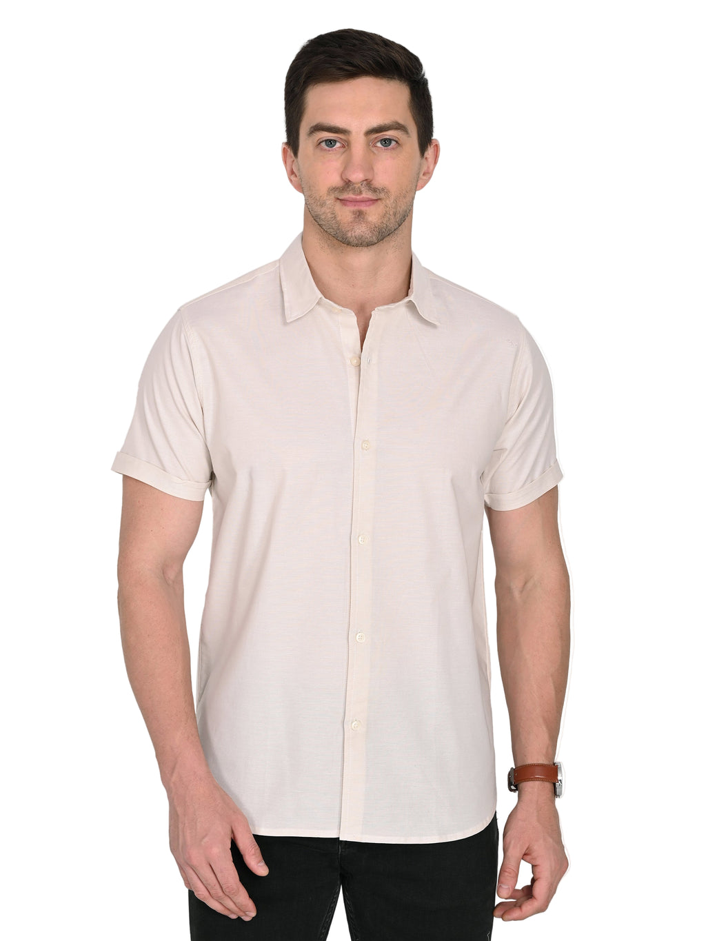 Men’s casual half sleeve slim-fit cotton linen shirt – front view | BTCwear