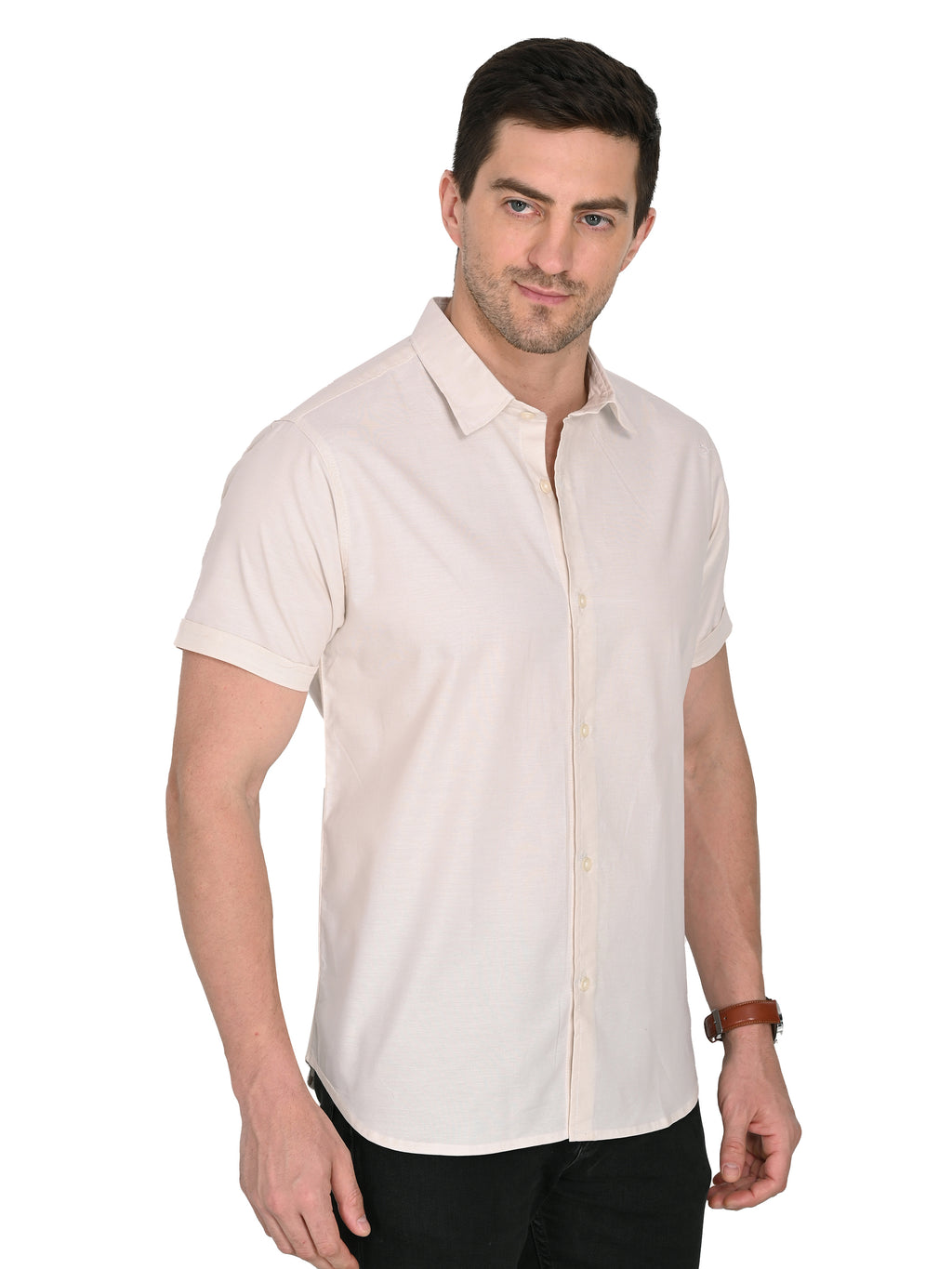 Men’s slim-fit cotton linen shirt with stretch – side view | BTCwear